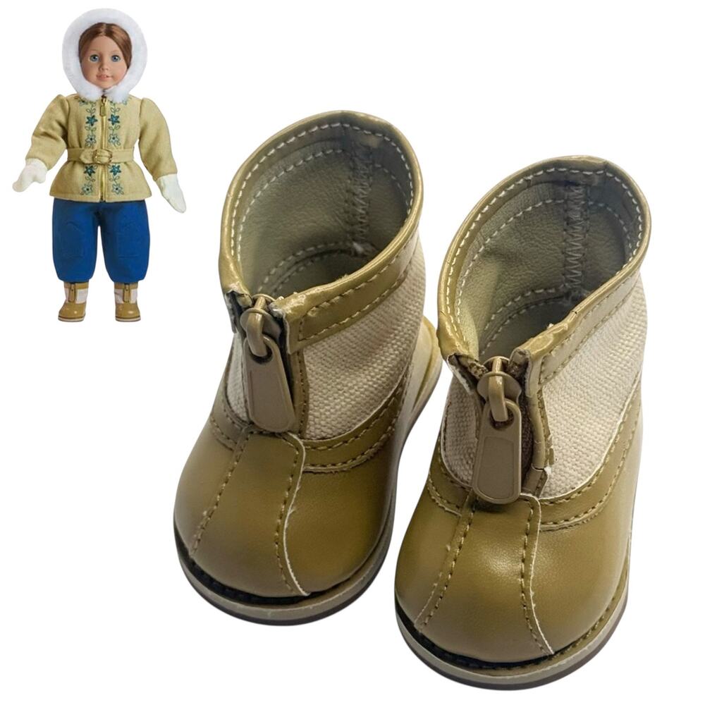 American Girl Doll Snow Boots Emily Snowsuit Accessories Tan Canvas Zip Up Boots